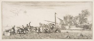 海战，一艘装满人的划艇在左边用火枪战斗，人们淹死了......，约1641年。 作者 斯蒂法诺·德拉·贝拉