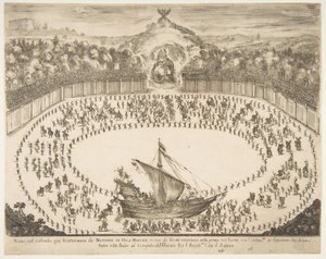 游行队伍以一艘船的形式漂浮，顶部是摩德纳大公的徽章，1652年。 作者 斯蒂法诺·德拉·贝拉