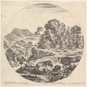 图10：一匹马躺在中间，一头母牛和两只山羊在右边，两只坐着的小矮人，... 1643-48。 作者 斯蒂法诺·德拉·贝拉