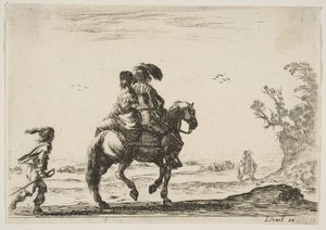 图10：一个骑兵和一个女人，从后面看，一个年轻的...向右骑，1642年。 作者 斯蒂法诺·德拉·贝拉