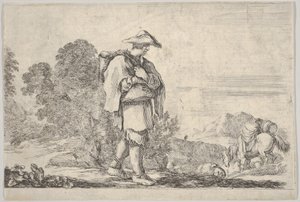 图版11：一个戴着帽子的农民在中间，向右走去，一匹马下来...，约1641年。 作者 斯蒂法诺·德拉·贝拉
