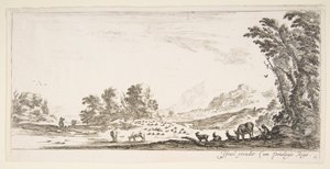 图11：牧羊人坐在树下的右边，看着她的羊群向左...，大约。 1641。 作者 斯蒂法诺·德拉·贝拉