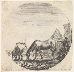 图11：Caius Cestius金字塔在背景中向右，一匹马在吃草……，大约。 1643-48。 作者 斯蒂法诺·德拉·贝拉