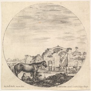 图版12：右边是一个睡在地上的牧羊人，左边是三匹马，其他是......，约1643-48。 作者 斯蒂法诺·德拉·贝拉