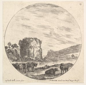 图13：背景中有一座古庙遗址，前院有一群牛... 1643-48。 作者 斯蒂法诺·德拉·贝拉