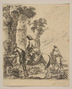 图19：骑着骑士的风景在喷泉旁浇水的马，取自各种电影，大约。 1646。 作者 斯蒂法诺·德拉·贝拉