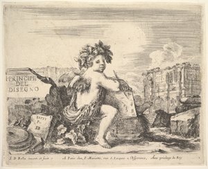 图1：绘画天才，一个有翅膀的孩子，坐在一块岩石上，中心转过……， 1641。 作者 斯蒂法诺·德拉·贝拉
