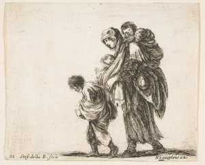 图22：一个叫乞children的女人，有三个孩子，一个在她肩膀上的孩子，一个孩子...，大约。 1644-47。 作者 斯蒂法诺·德拉·贝拉