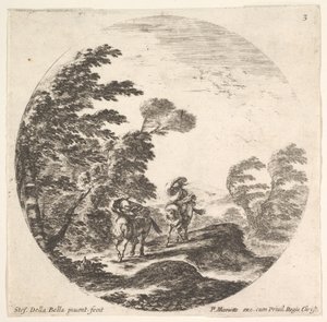 图3：森林中的大风，两个骑兵裹着斗篷，风很大。 1643-48。 作者 斯蒂法诺·德拉·贝拉