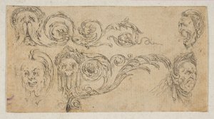 图版4：五个怪诞的头像，来自 "Friezes, foliage, and grotesques" Frises, feu...，约1642-43。 作者 斯蒂法诺·德拉·贝拉