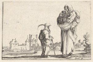 图版7：一个农妇抱着一个孩子站在右边，对另一个孩子说话......，约1642年。