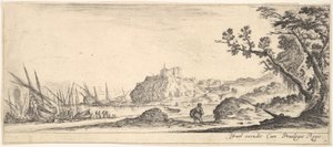 图7：从左到右的各种船只，一个人背着书包，从后面看，一直望着。 1641。 作者 斯蒂法诺·德拉·贝拉