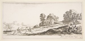 图9：左边的两个骑兵向右奔腾，有一匹马和一个坐着的马... 1641。 作者 斯蒂法诺·德拉·贝拉