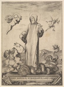 圣让·古伯特（Saint Jean Gualbert）践踏着两个人类头部和蛇形身体的怪物，飞来飞去，1640年。 作者 斯蒂法诺·德拉·贝拉