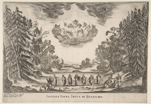众神的婚礼：第二幕，戴安娜，1637年。 作者 斯蒂法诺·德拉·贝拉