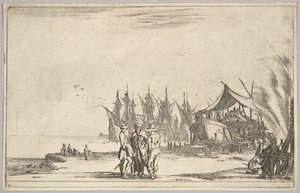1639年，三名戴着帽子的男子站在中央，将一艘船固定在右边，五艘船及其变种。 作者 斯蒂法诺·德拉·贝拉