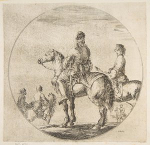 两名波兰骑兵，他们的马朝左，出自骑马骑士团上的雕像，ca。 1651。