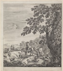 两个骑手在一群动物附近经过，1656年。 作者 斯蒂法诺·德拉·贝拉
