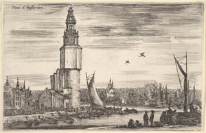 阿姆斯特丹Vue dAmsterdam，塔和房子向左看，站在码头上的人...，1647年。 作者 斯蒂法诺·德拉·贝拉