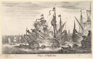 阿姆斯特丹海港Veue dAmsterdam的景色，划艇的人在中心的一艘船上工作...，1647年。 作者 斯蒂法诺·德拉·贝拉