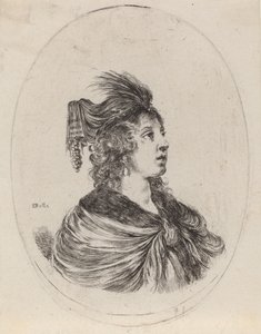 戴着羽毛头巾的女人，向右转，1649-1650。 作者 斯蒂法诺·德拉·贝拉