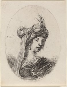 戴着羽毛头巾和面纱的女人，向右转，1649-1650。 作者 斯蒂法诺·德拉·贝拉