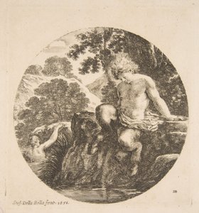 年轻的萨蒂尔要在河里洗澡，出自《风景和海港》Paysages et ports d...，1656年。 作者 斯蒂法诺·德拉·贝拉