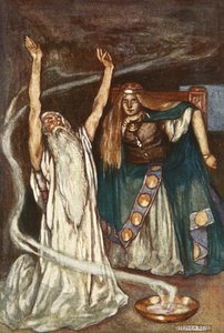 梅芙女王和德鲁伊，插图选自埃莉诺-赫尔（Eleanor Hull，1860-1935 年）创作的《阿尔斯特的猎犬库丘林》。