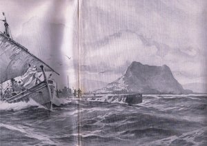 德国潜艇在前往达德尼尔海峡的途中穿过直布罗陀海峡，摘自《1914-1915年世界大战插图史》，由Union Berlagsefellfchaft出版。