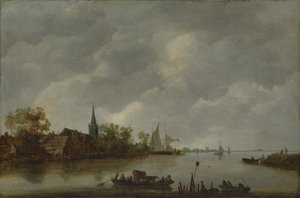 有村落教堂的河景。 作者 Jan van Goyen 的风格
