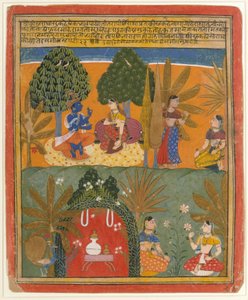 克里希纳和拉德哈与他们的侍从：来自分散的Gita Govinda的页面，约1655-60。 作者 马诺哈尔风格