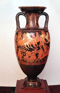 阁楼红色图双耳瓶描绘阿瑞斯和阿芙罗狄蒂战车巨人（陶器） 作者 Suessula画家