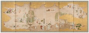 樱花下的野餐和
河上泛舟，18 世纪中叶（一对六扇屏风；纸本水墨、彩色和金色
纸） 作者 西川辅伸
