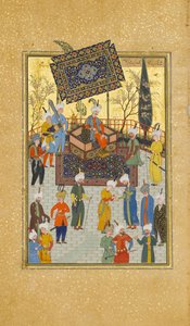 Khusrau坐在他的宝座上，第64页来自尼扎米的Khamsa五重奏，回历931年，公元1524-25年。创作者：苏丹-穆罕默德-努尔，马哈茂德-穆扎赫布，谢赫-扎达。 作者 苏丹穆罕默德努尔，马哈茂德穆扎希布，谢赫扎达