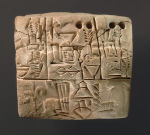 楔形文字片显示大麦分布，公元前3000年（粘土）