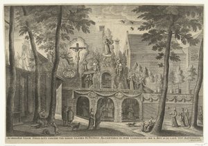 1669 年阿尔坎塔拉的彼得被封为圣徒时在安特卫普树立的雕像
为纪念圣彼得-阿尔坎塔拉于 MDCLXIX 年 9 月 X 日在安特卫普被封为圣徒而装饰的石岩的描绘（标题在实物上） 作者 苏珊娜·维布鲁根（可能）