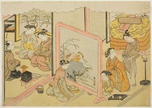 睡前一杯清酒（Toko sakazuki），"织锦版画中的婚姻，贤惠女子的马车（Konrei nishiki misao-guruma）"系列第六张 作者 铃木春信