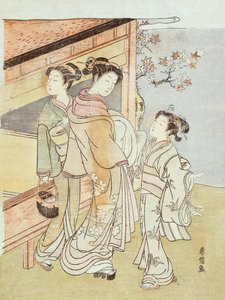 一位女士和服务员与信使见面（木刻版画） 作者 铃木春信