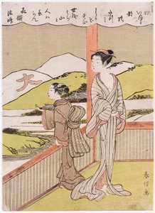 Kisen Hoshi写的《秋月之诗》，插图中有两个女孩在俯瞰风景的阳台上 作者 铃木春信