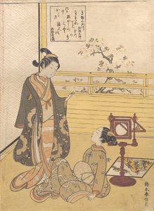 一个十几岁的男孩和女孩与一个光学图片的查看器 Nozoki-karakuri, Kobo Da..., 约1788年。 作者 铃木春信