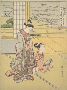 拿着三味线的年轻男女，西京和尚，来自暗指Thre...的系列，约1768。 作者 铃木春信