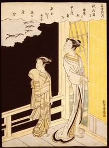 一位妓女和她在走廊上的kamuro看着雨中飞翔的鹅 作者 铃木春信