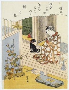 坐在阳台上的女妓刷牙，沉思地看着盛开的牵牛花 作者 铃木春信