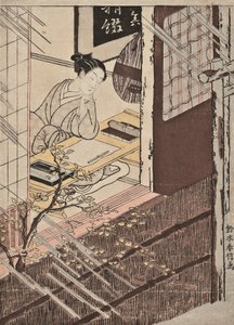 一位妇女坐在写字台前，望着窗外的雨景 作者 铃木春信