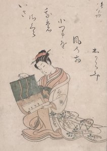 美女展开卷轴，约1770年（日本纸上的彩色木刻） 作者 铃木春信