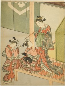 歌妓和两名随从与狗玩耍 作者 铃木春信