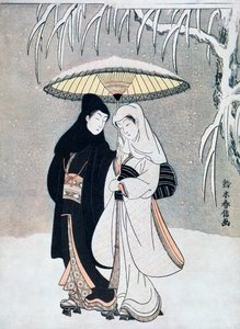 乌鸦和苍鹭，或年轻的恋人一起走在暴风雪中的一把雨伞下，c1769。