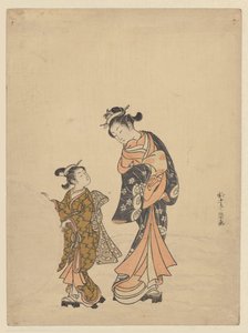滚雪球的年轻女子和女孩 作者 铃木春信