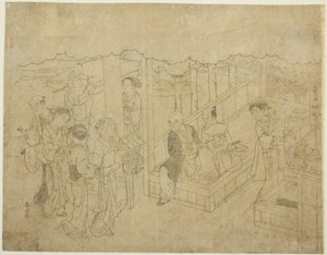 锦绣版画中的婚姻，贤良淑德的妇女的马车（Konrei nishiki misao-guruma）"系列的第一张纸《引子》（Miai）的关键块印花布 作者 铃木春信