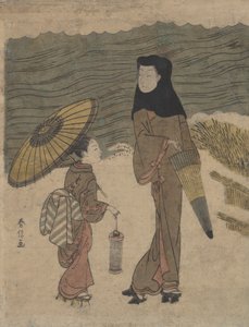 带着黑头巾和雨伞的女士与年轻的服务员外出散步。 作者 铃木春信